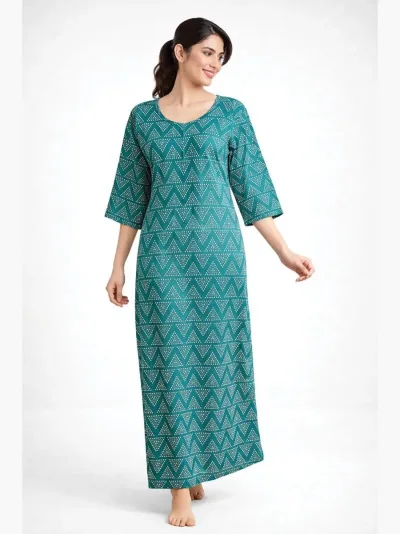Women's Pure Cotton Zipper Nighty, Green